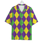 Mardi Gras Argyle Pattern Print Rayon Hawaiian Shirt