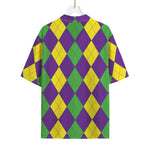 Mardi Gras Argyle Pattern Print Rayon Hawaiian Shirt