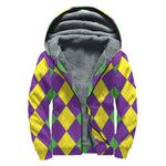Mardi Gras Argyle Pattern Print Sherpa Lined Zip Up Hoodie