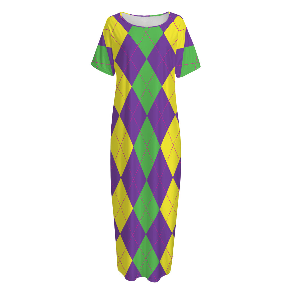 Mardi Gras Argyle Pattern Print Short Sleeve Long Nightdress