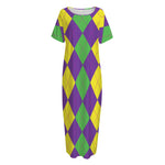 Mardi Gras Argyle Pattern Print Short Sleeve Long Nightdress