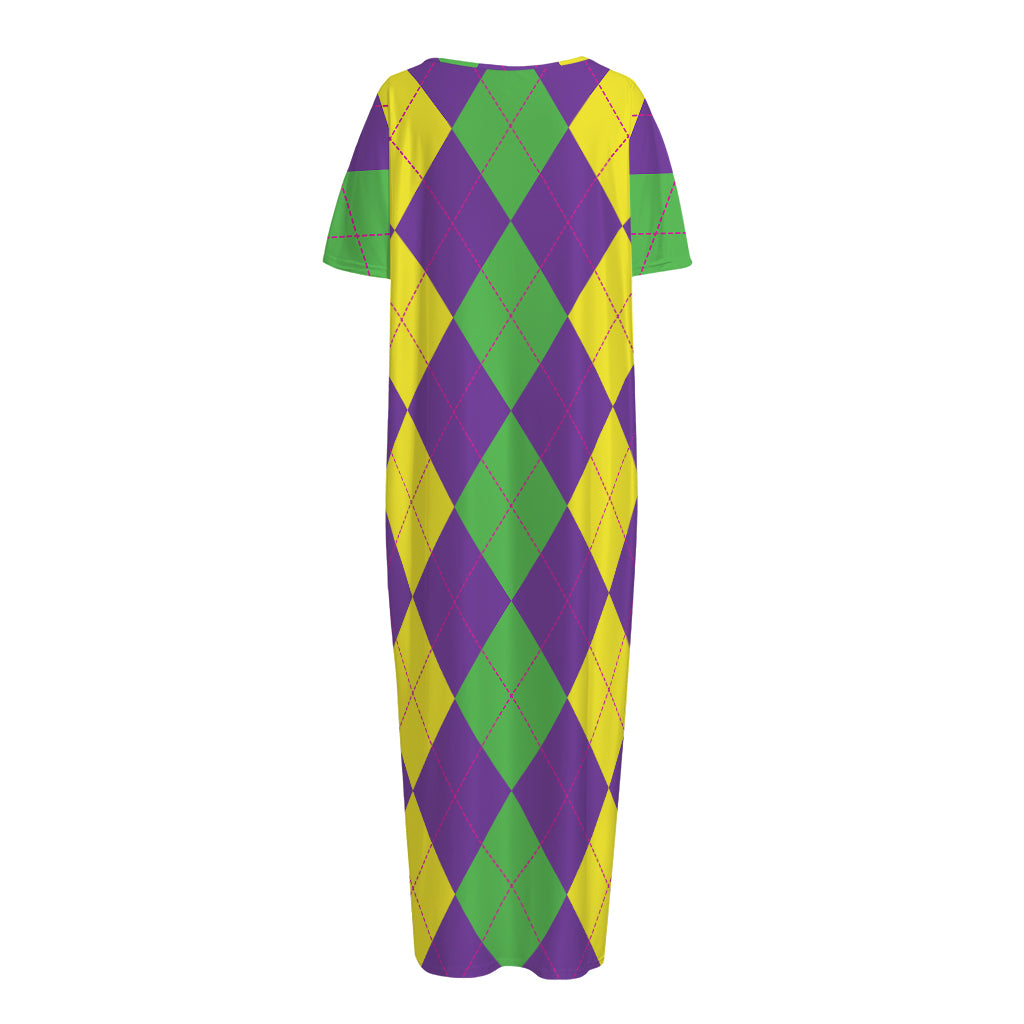 Mardi Gras Argyle Pattern Print Short Sleeve Long Nightdress