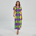 Mardi Gras Argyle Pattern Print Short Sleeve Maxi Dress