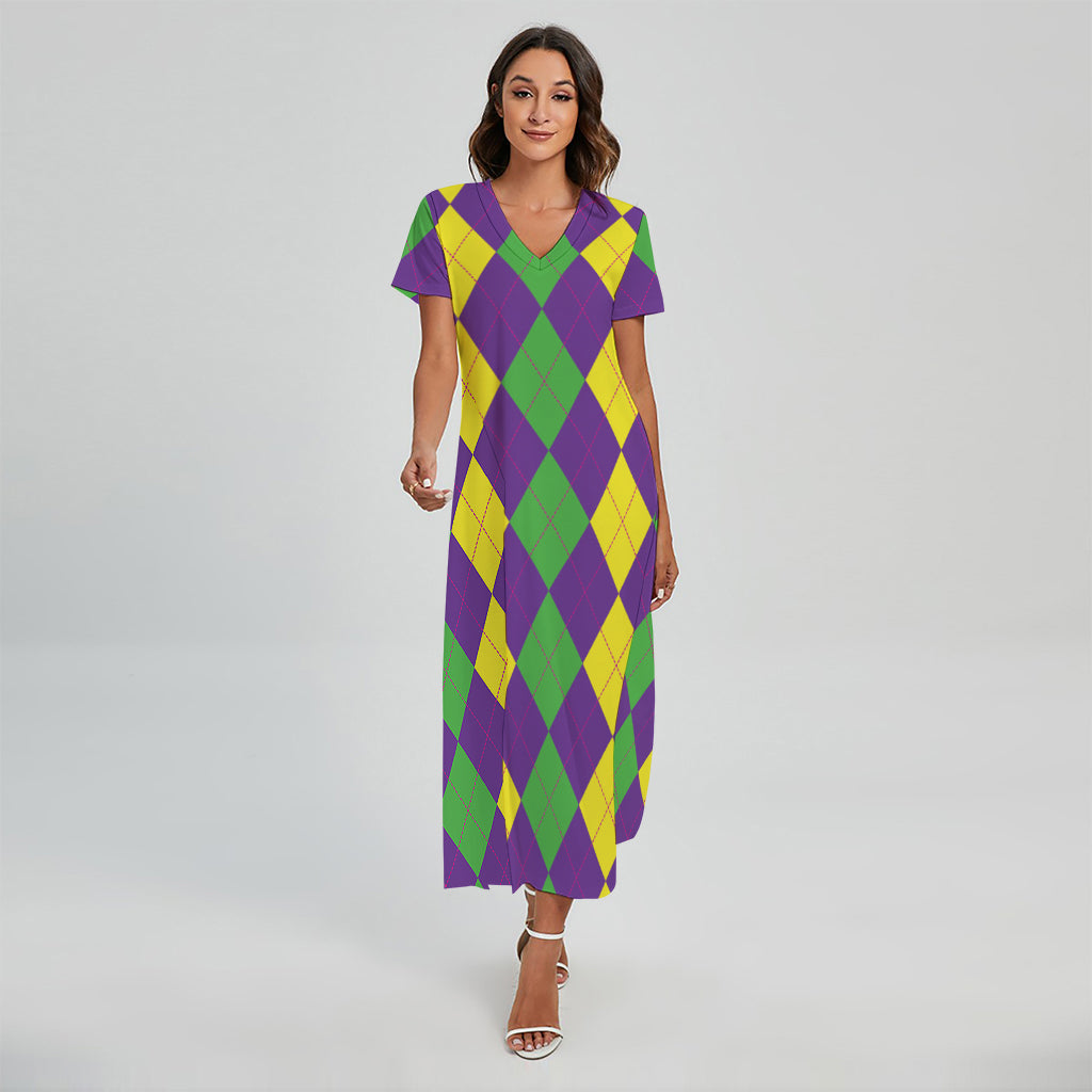 Mardi Gras Argyle Pattern Print Short Sleeve Maxi Dress