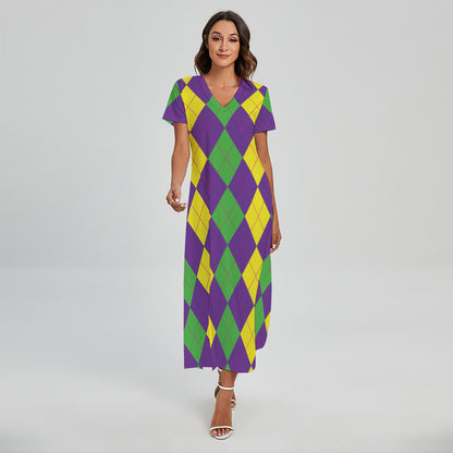 Mardi Gras Argyle Pattern Print Short Sleeve Maxi Dress