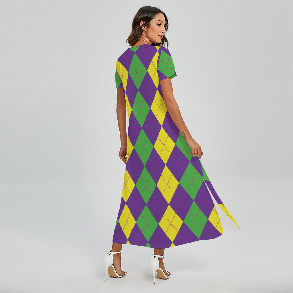 Mardi Gras Argyle Pattern Print Short Sleeve Maxi Dress