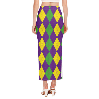 Mardi Gras Argyle Pattern Print Side Slit Maxi Skirt