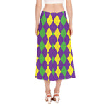Mardi Gras Argyle Pattern Print Side Slit Midi Skirt