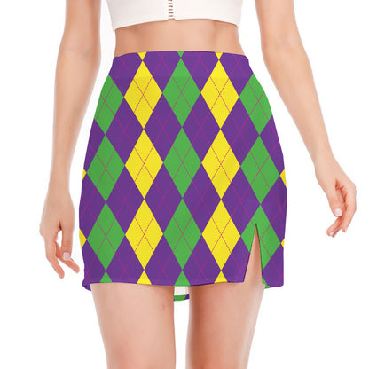 Mardi Gras Argyle Pattern Print Side Slit Mini Skirt