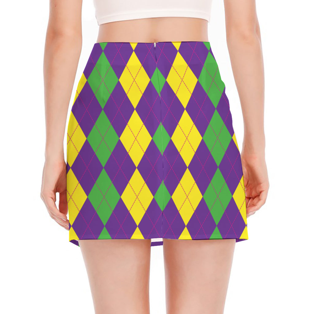 Mardi Gras Argyle Pattern Print Side Slit Mini Skirt