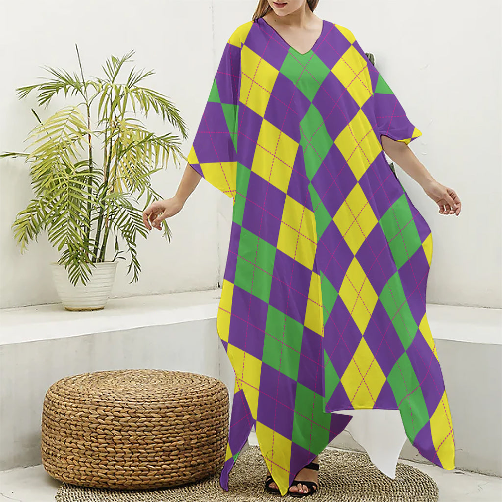 Mardi Gras Argyle Pattern Print Silk V-Neck Kaftan Dress