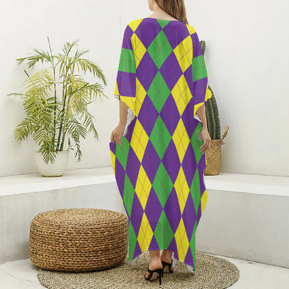 Mardi Gras Argyle Pattern Print Silk V-Neck Kaftan Dress