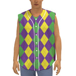 Mardi Gras Argyle Pattern Print Sleeveless Baseball Jersey