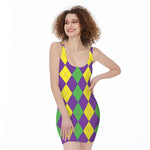 Mardi Gras Argyle Pattern Print Sleeveless Bodycon Dress
