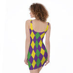 Mardi Gras Argyle Pattern Print Sleeveless Bodycon Dress