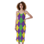 Mardi Gras Argyle Pattern Print Slim Fit Midi Cami Dress