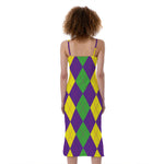 Mardi Gras Argyle Pattern Print Slim Fit Midi Cami Dress