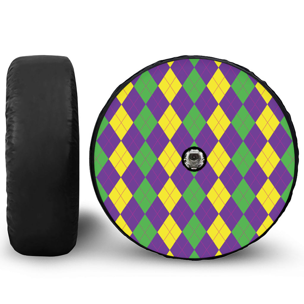 Mardi Gras Argyle Pattern Print Tire Cover With Camera Hole