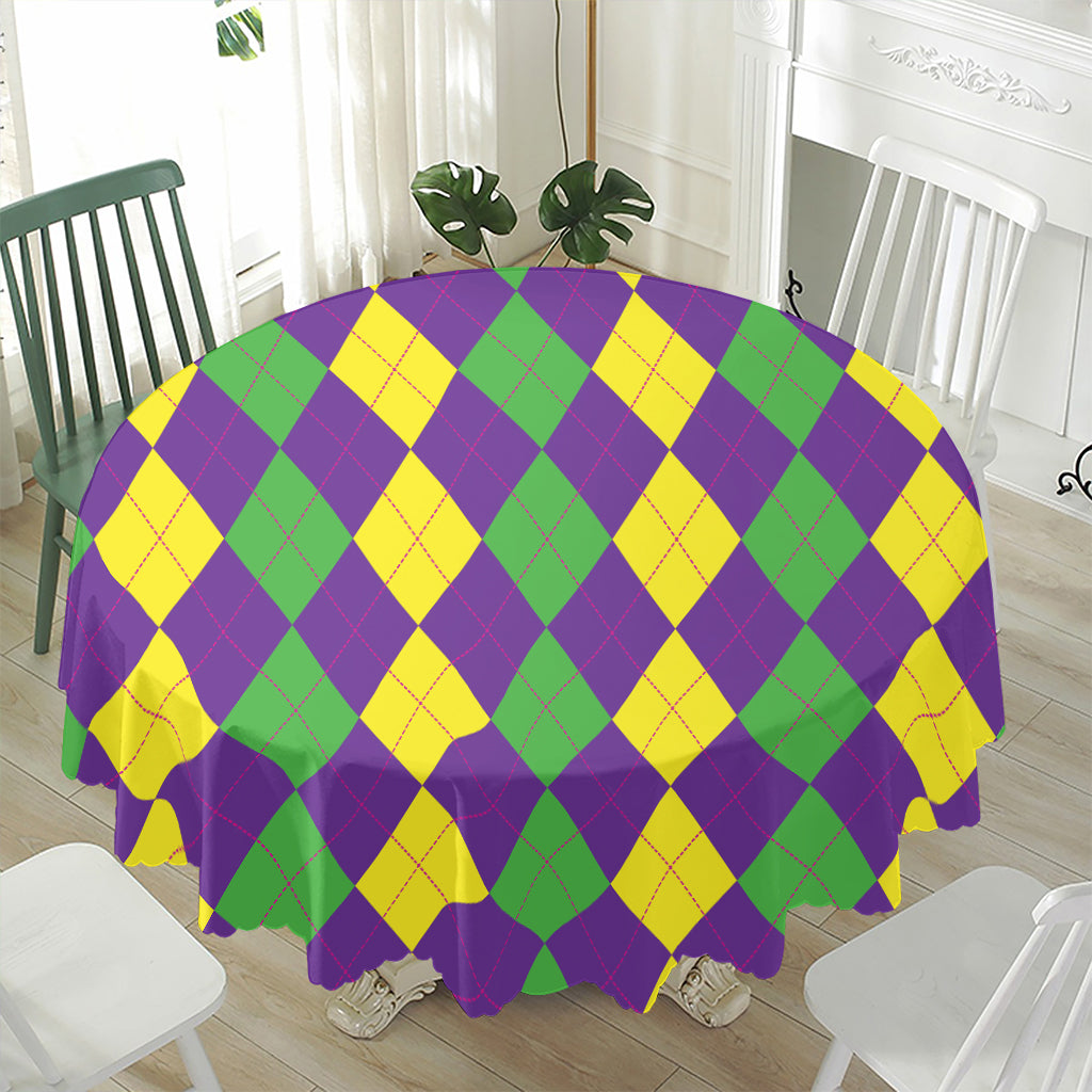 Mardi Gras Argyle Pattern Print Waterproof Round Tablecloth