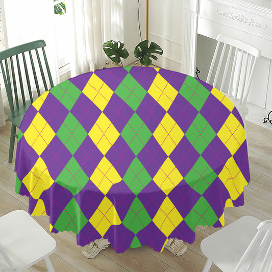 Mardi Gras Argyle Pattern Print Waterproof Round Tablecloth