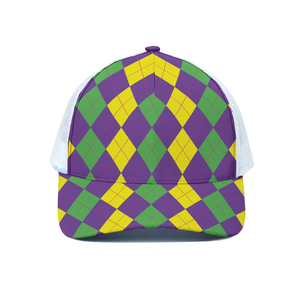 Mardi Gras Argyle Pattern Print White Mesh Trucker Cap