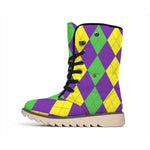 Mardi Gras Argyle Pattern Print Winter Boots