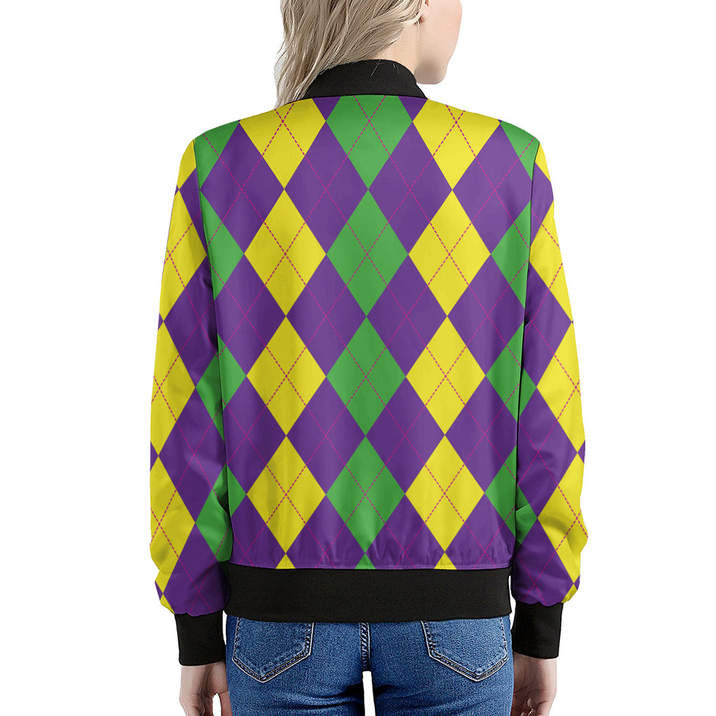 Mardi Gras Argyle Pattern Print Women's Bomber Jacket