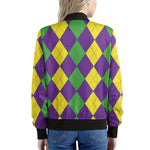 Mardi Gras Argyle Pattern Print Women's Bomber Jacket