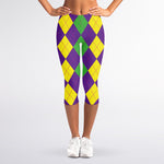 Mardi Gras Argyle Pattern Print Women's Capri Leggings