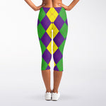 Mardi Gras Argyle Pattern Print Women's Capri Leggings
