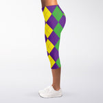Mardi Gras Argyle Pattern Print Women's Capri Leggings
