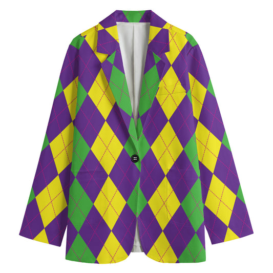 Mardi Gras Argyle Pattern Print Women's Cotton Blazer