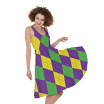 Mardi Gras Argyle Pattern Print Women's Sleeveless Dress