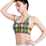 Mardi Gras Argyle Pattern Print Women's Sports Bra