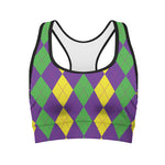 Mardi Gras Argyle Pattern Print Women's Sports Bra
