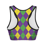 Mardi Gras Argyle Pattern Print Women's Sports Bra