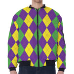 Mardi Gras Argyle Pattern Print Zip Sleeve Bomber Jacket