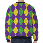 Mardi Gras Argyle Pattern Print Zip Sleeve Bomber Jacket