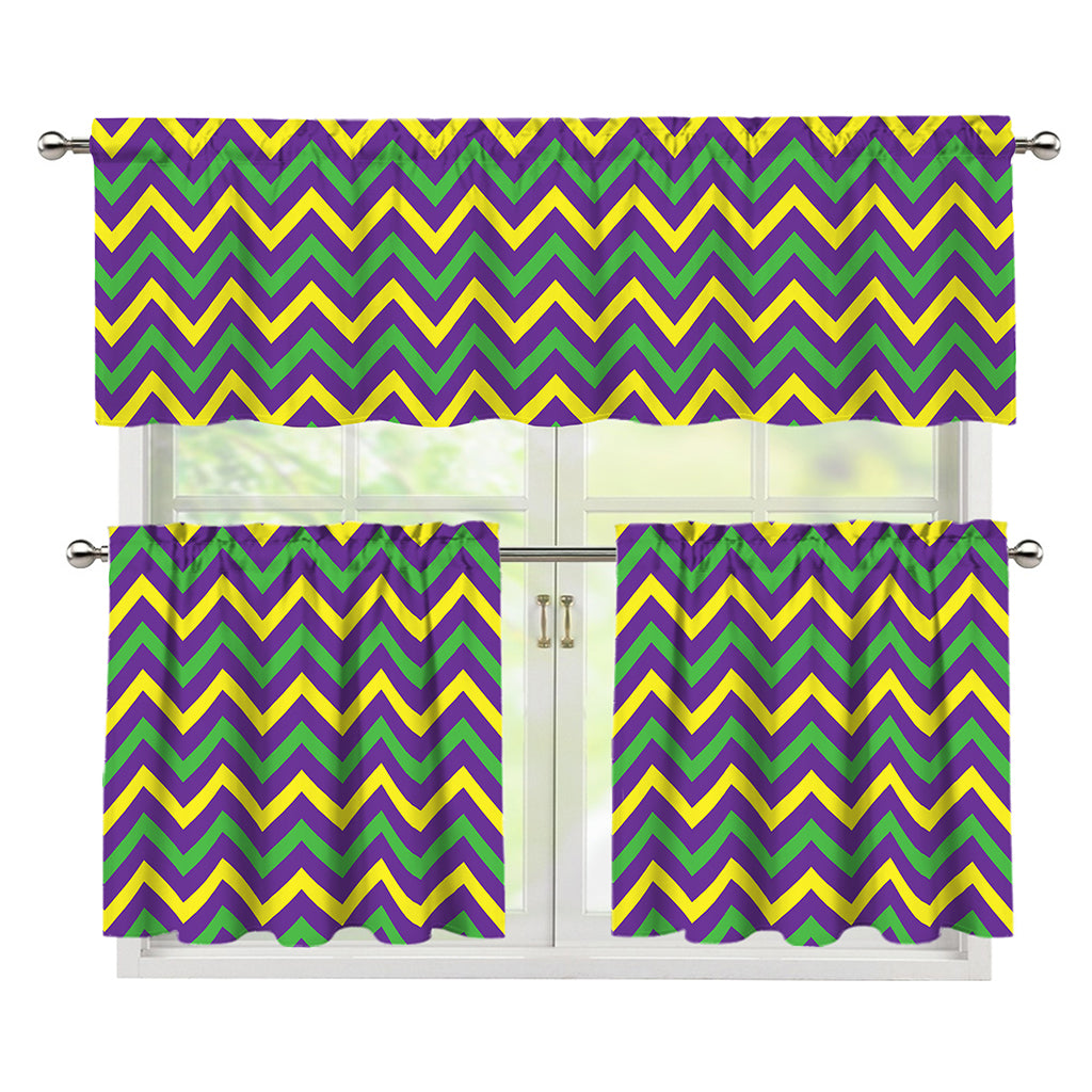 Mardi Gras Chevron Pattern Print 3 Piece Kitchen Curtains