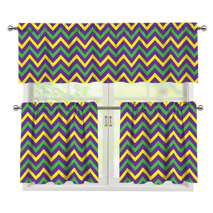 Mardi Gras Chevron Pattern Print 3 Piece Kitchen Curtains