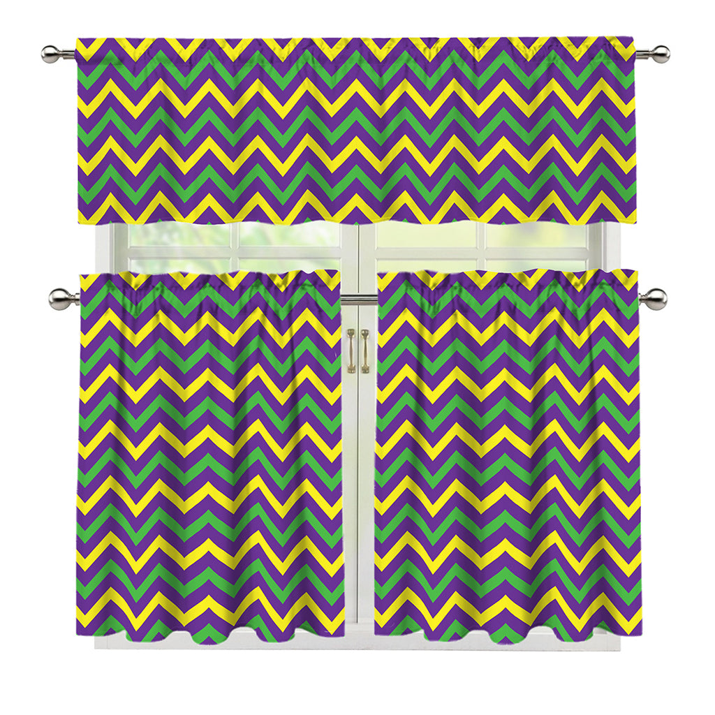 Mardi Gras Chevron Pattern Print 3 Piece Kitchen Curtains
