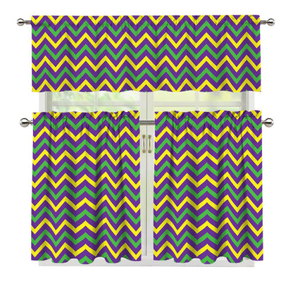 Mardi Gras Chevron Pattern Print 3 Piece Kitchen Curtains