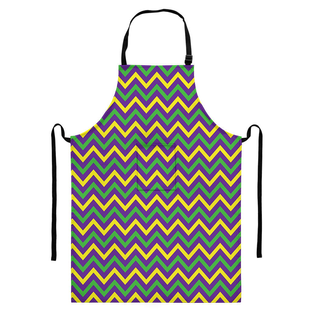 Mardi Gras Chevron Pattern Print Bib Apron With Pocket