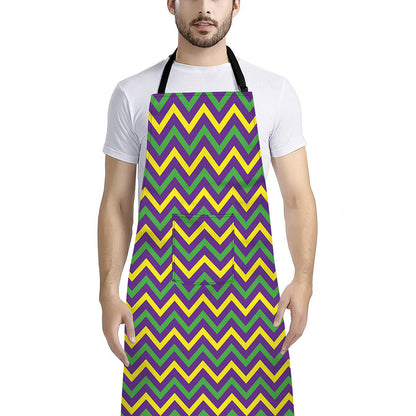 Mardi Gras Chevron Pattern Print Bib Apron With Pocket