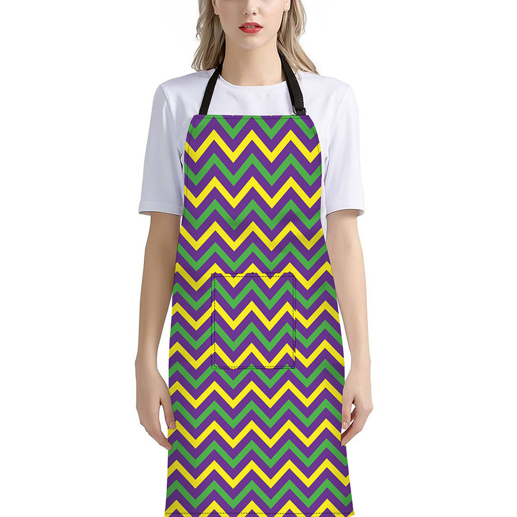 Mardi Gras Chevron Pattern Print Bib Apron With Pocket