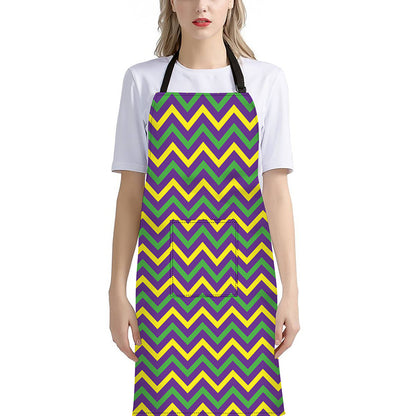 Mardi Gras Chevron Pattern Print Bib Apron With Pocket