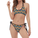 Mardi Gras Chevron Pattern Print Halter Scoop Tie Side Bikini