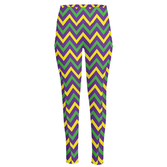 Mardi Gras Chevron Pattern Print High-Waisted Pocket Leggings
