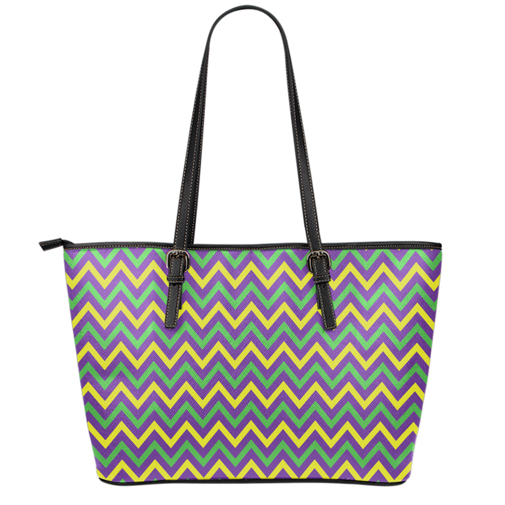 Mardi Gras Chevron Pattern Print Leather Tote Bag