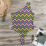 Mardi Gras Chevron Pattern Print One Shoulder Bodysuit